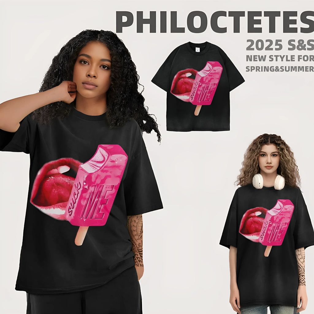 Heavy washed cotton t-shirt with cartoon print in multiple colour options