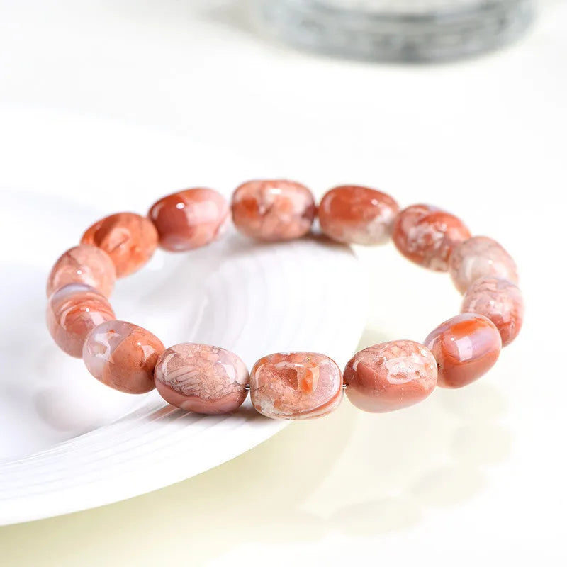 Natural cherry agate barrel bead bracelet with 10x14mm geometry beads and ruyi charm