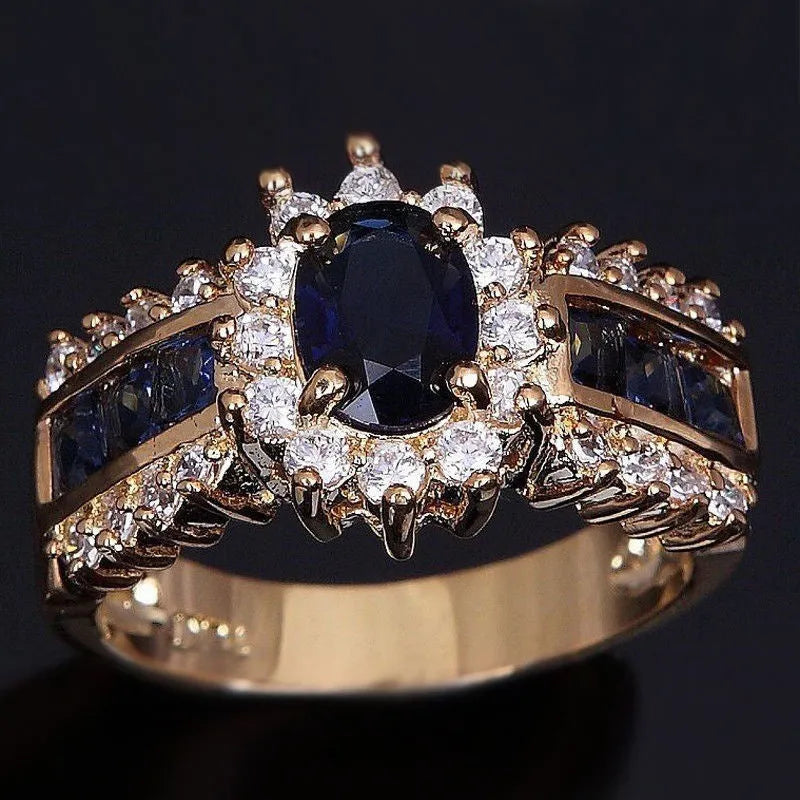Zinc alloy fashion ring with blue diamond or purple zircon stone, shown in sizes 6 to 11.