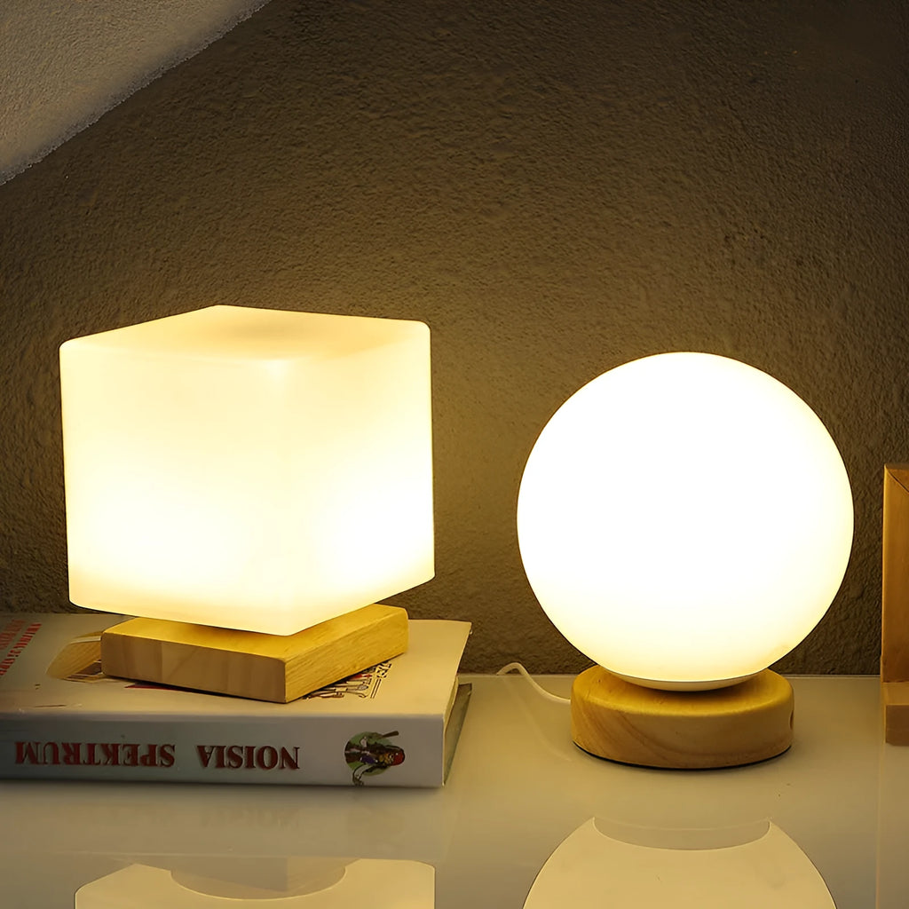 Nordic solid wood USB table lamp in white cube design with touch dimming, 150mm by 180mm