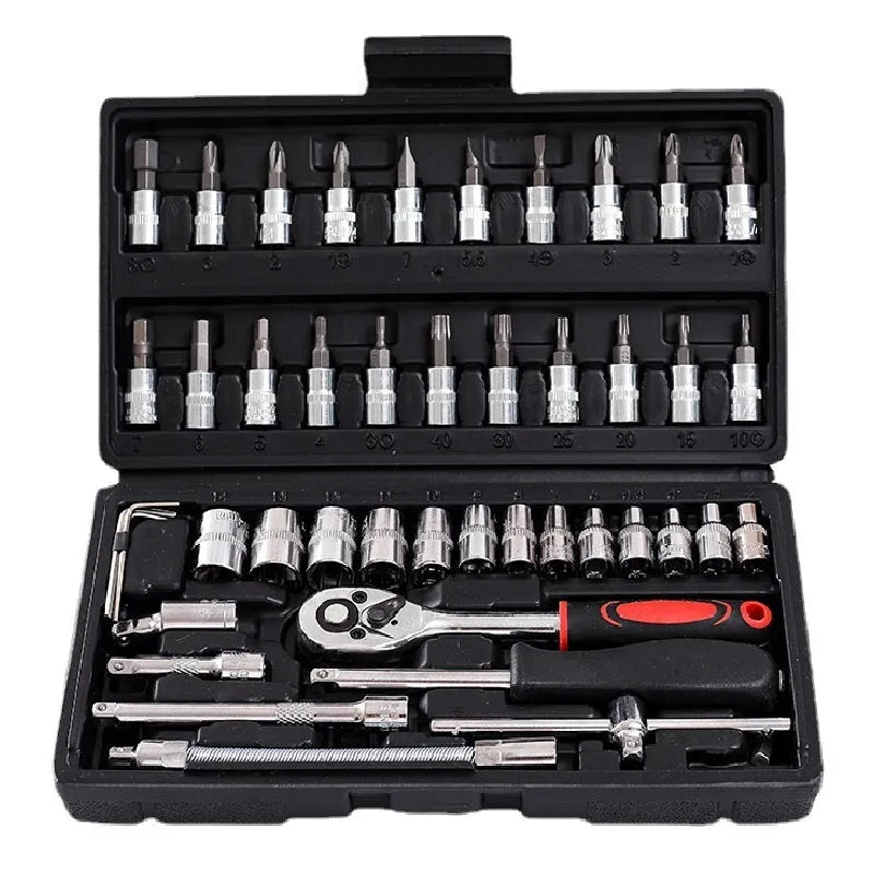 Cr-V chromium vanadium steel socket ratchet wrench set for home and auto repair in a case.