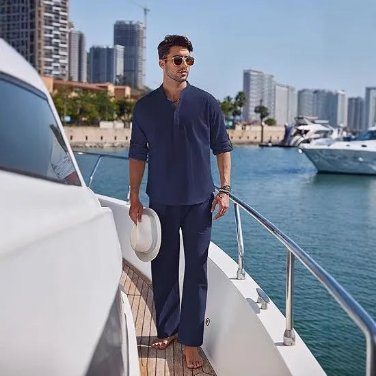 Men's solid colour cotton casual suit with long sleeve top and matching trousers in six colour options