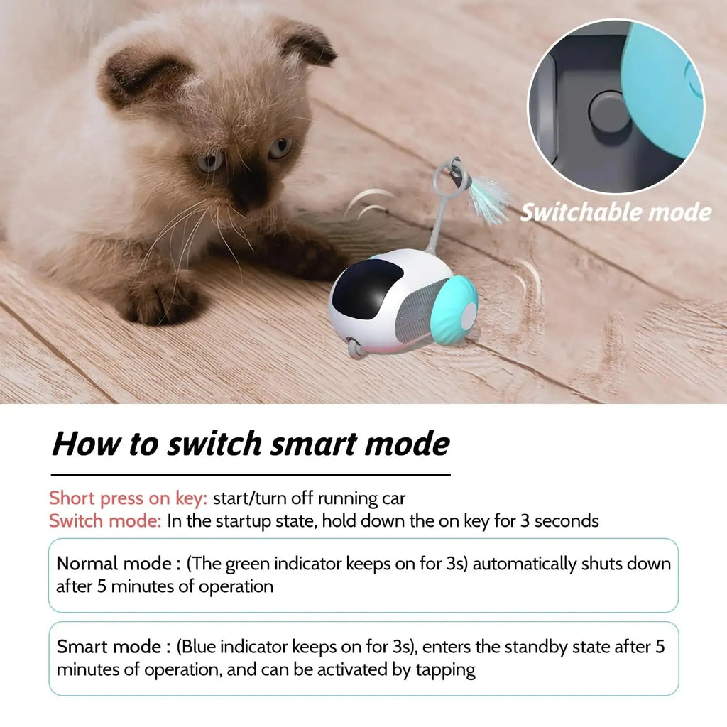 Blue remote-controlled smart cat toy car with feather teaser on a flat surface