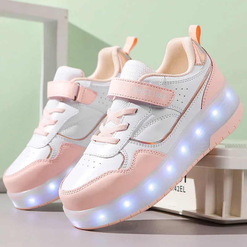 Kids charging flash rollerskates with LED lights in pink black white purple sizes 29-40