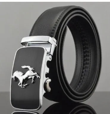 Men's black leather automatic buckle belt with a chrome buckle, showing the push-through fastening mechanism.