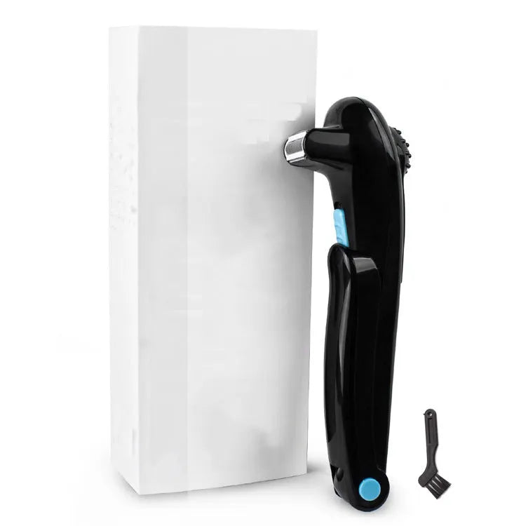 Black folding body electric shaver for personal grooming, shown in open and closed positions.