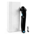 Black folding body electric shaver for personal grooming, shown in open and closed positions.
