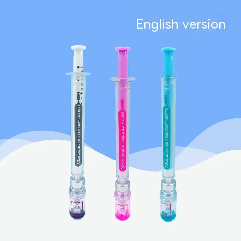 Vaccine design novelty gel pen with 0.5mm black refill, plastic construction, 15.7cm length
