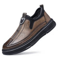 Men's solid colour casual leather shoes with round toe in black and brown options.