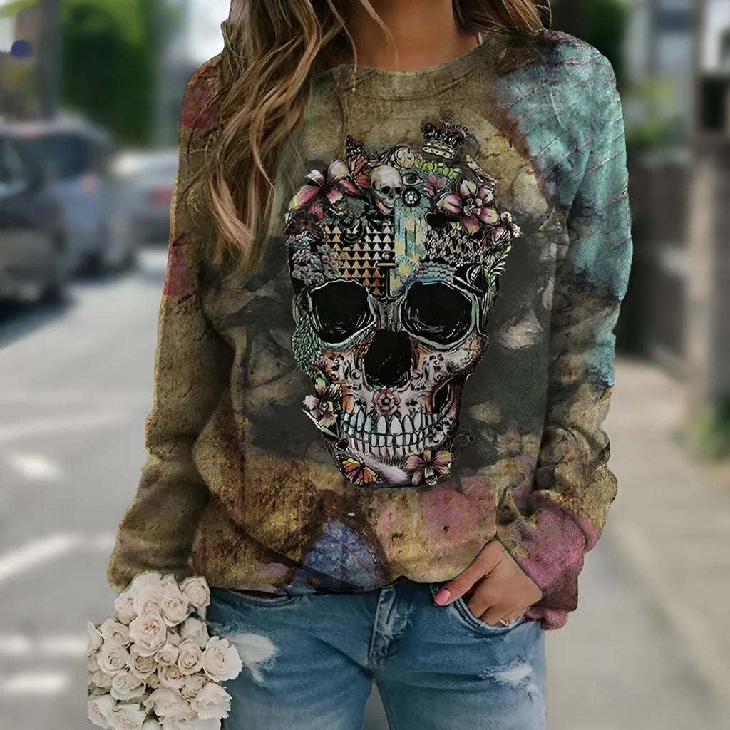 Black long sleeve sweatshirt featuring a detailed skull print on the front.