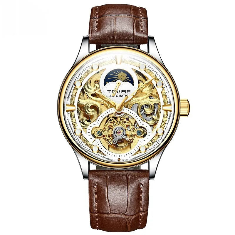 Gold leather strap automatic mechanical watch for men on wrist