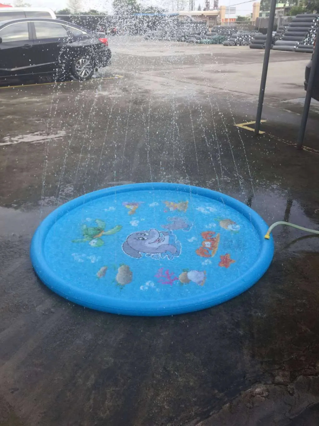 Blue PVC children's water spray play mat with marine animal designs laid out on grass.
