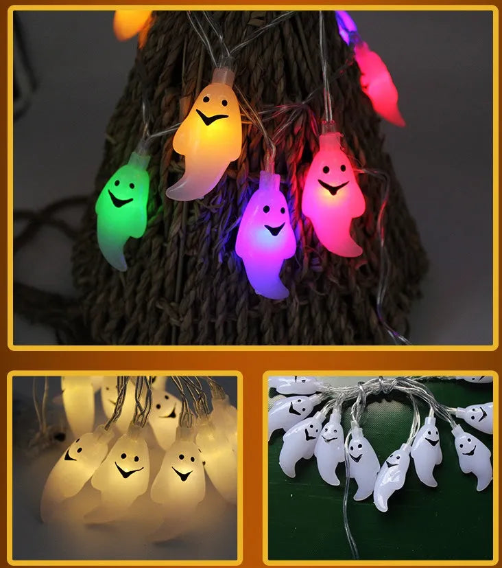 Halloween LED string lights with pumpkin lantern and ghost pendants on 1.2m cord