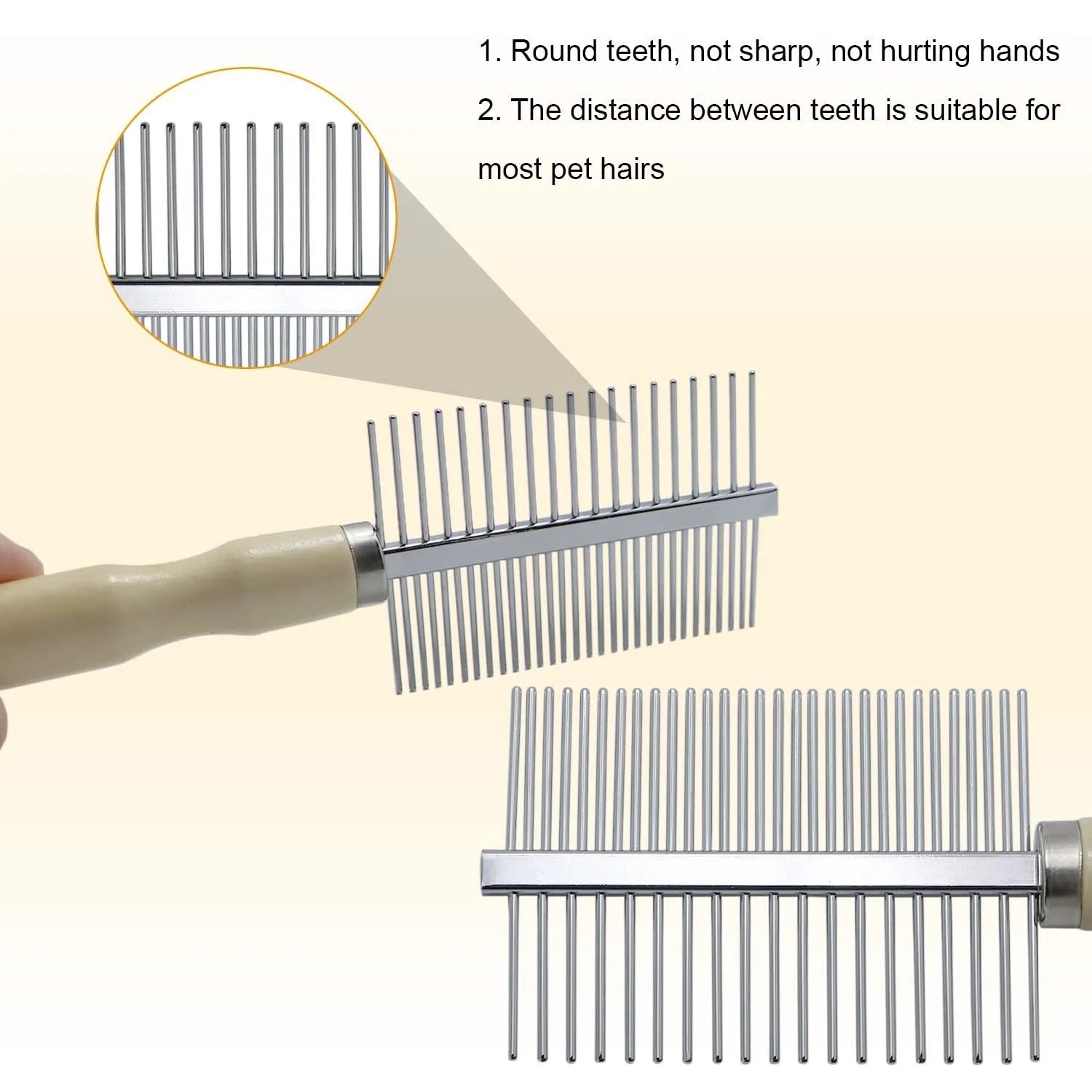 Wooden handle pet grooming comb for dogs and cats on a table.