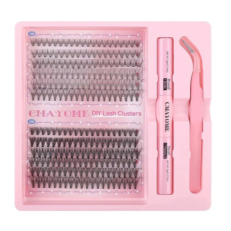 DIY single cluster false eyelashes set with adhesive and applicator tool on a white background.