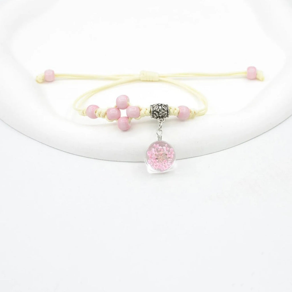 Glass dried flower bracelet with hand-woven lace and 1.4cm beads in multiple colour options