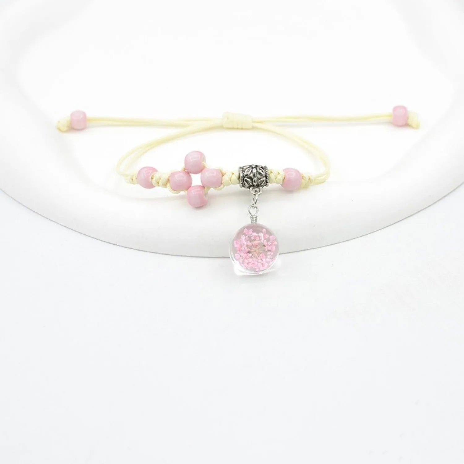 Glass dried flower bracelet with hand-woven lace and 1.4cm beads in multiple colour options