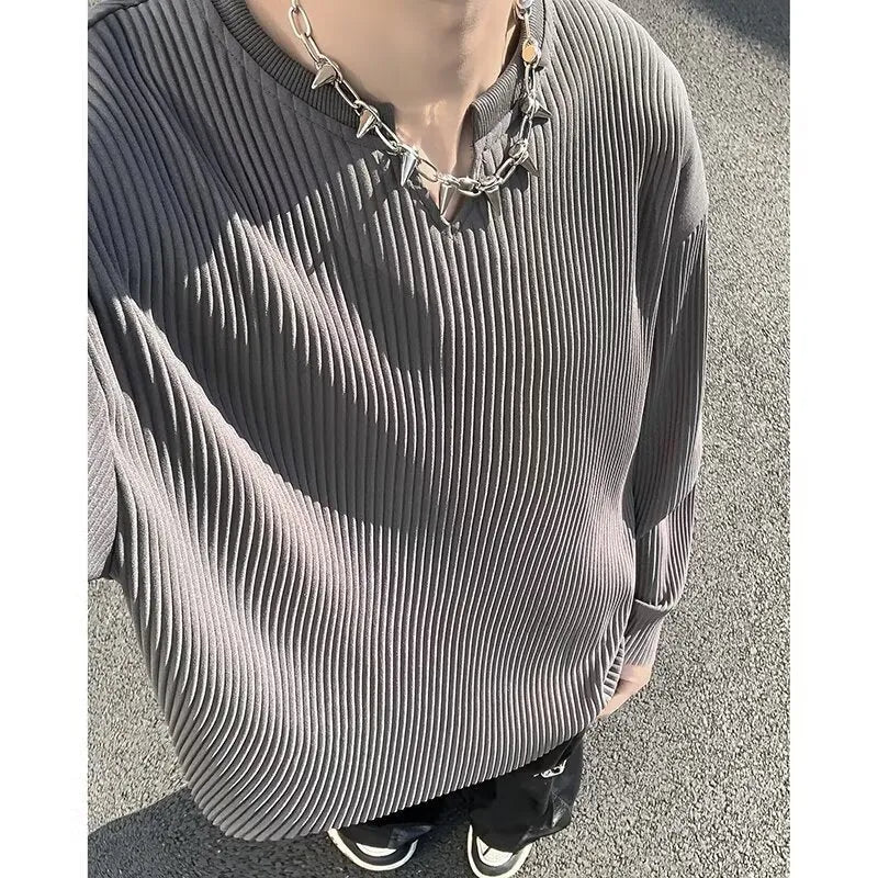 Loose fit long sleeve women's pullover with striped texture in grey