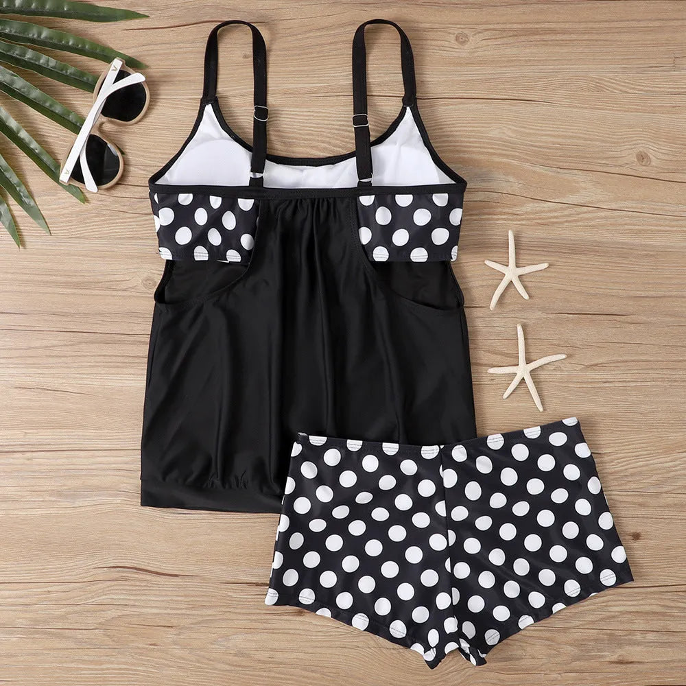 Women's high-waisted polka dot boxer swimsuit top and pants set in polyester