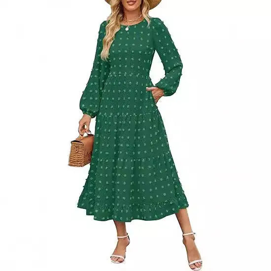 Women's autumn long sleeve dress with high waist and ruffled sleeves in solid colour
