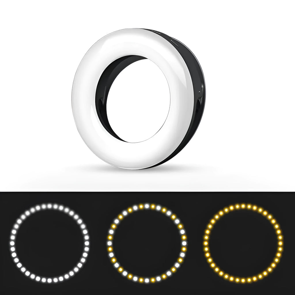 Compact black selfie ring light for smartphone photography with adjustable brightness settings