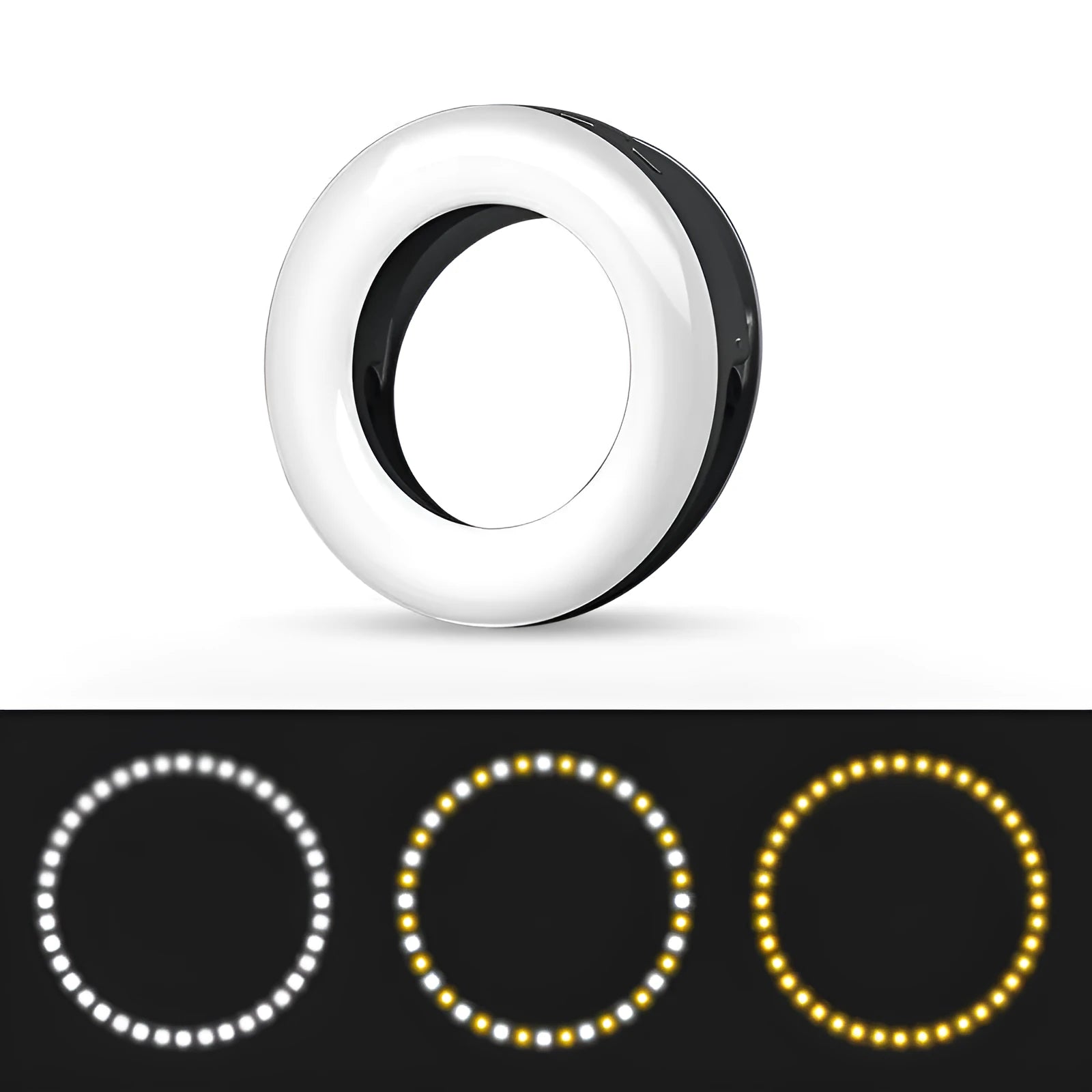 Compact black selfie ring light for smartphone photography with adjustable brightness settings