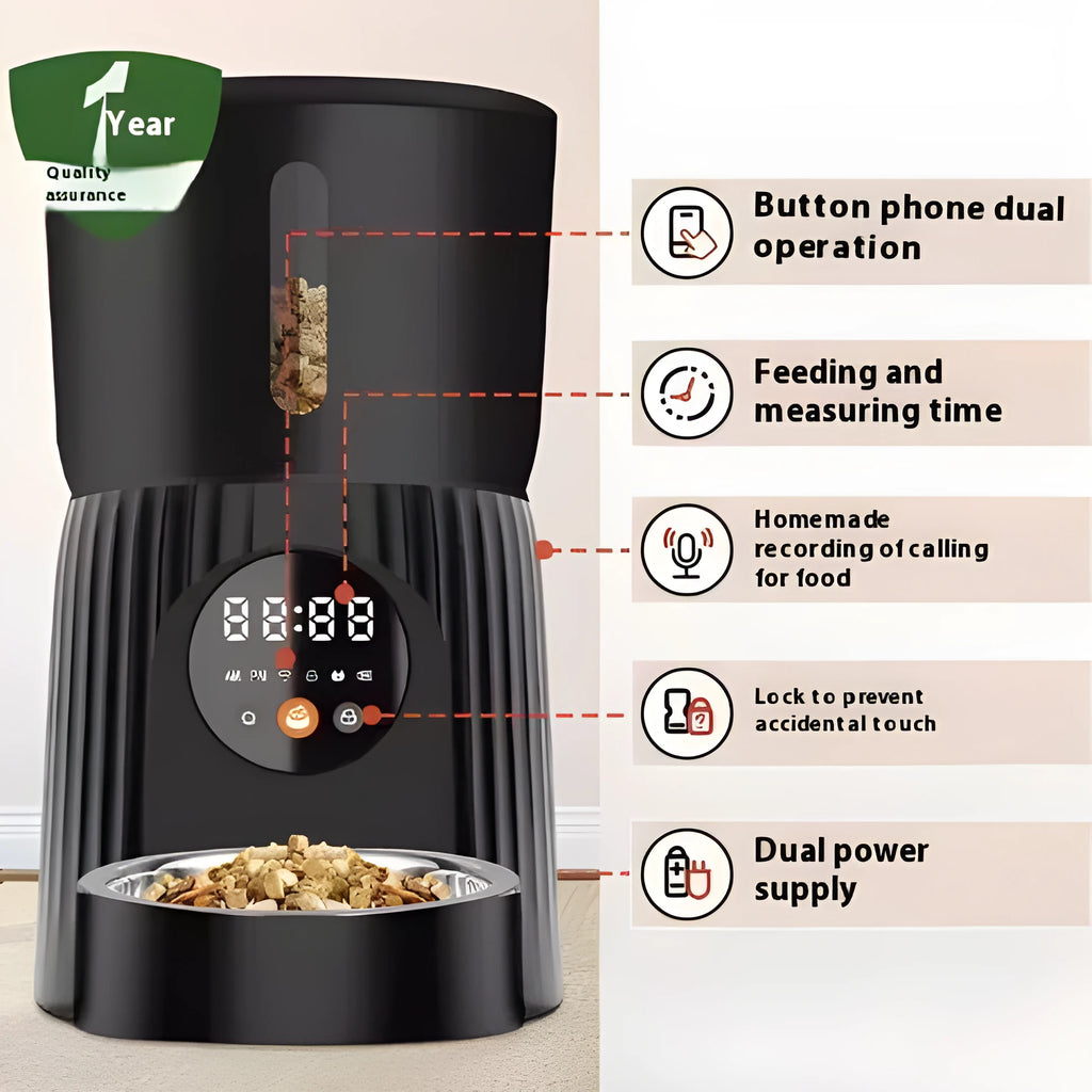 Black automatic pet feeder with digital display and food hopper on a countertop.