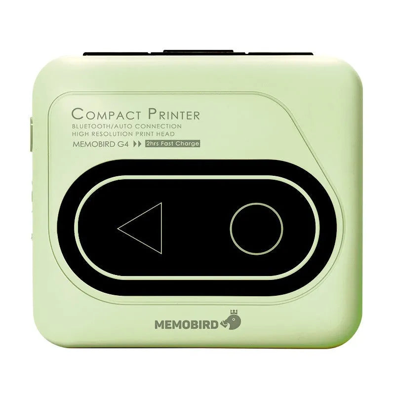 Compact Avocado Green Bluetooth mini thermal printer with charging cable and paper roll on a white surface.