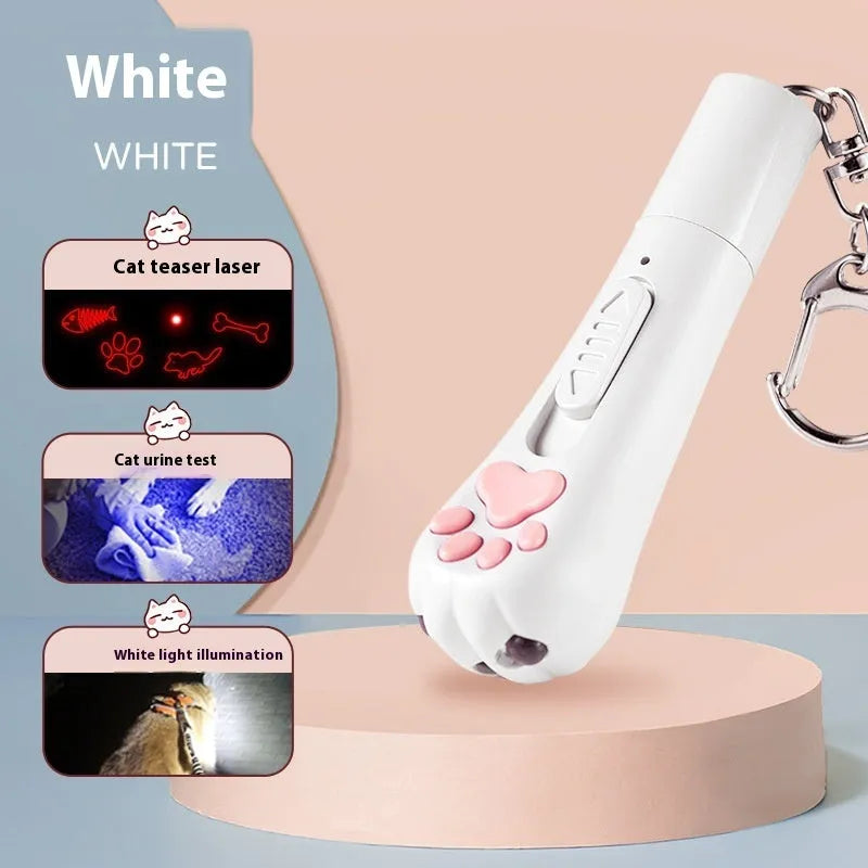 USB rechargeable cat teaser pen light with colourful LED and feather attachment in pink, cream, or blue