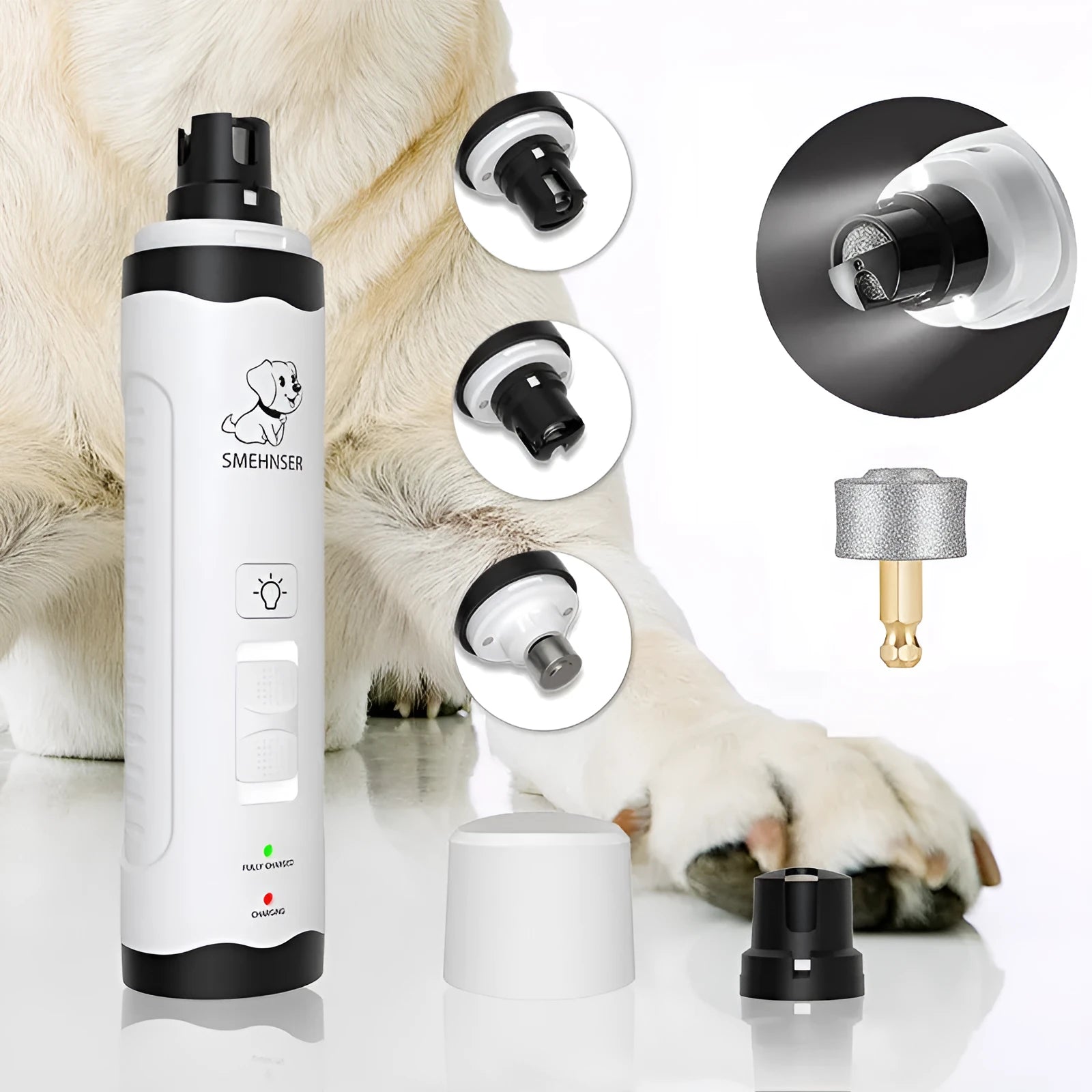 Electric dog nail grinder showing LCD display and three-speed settings