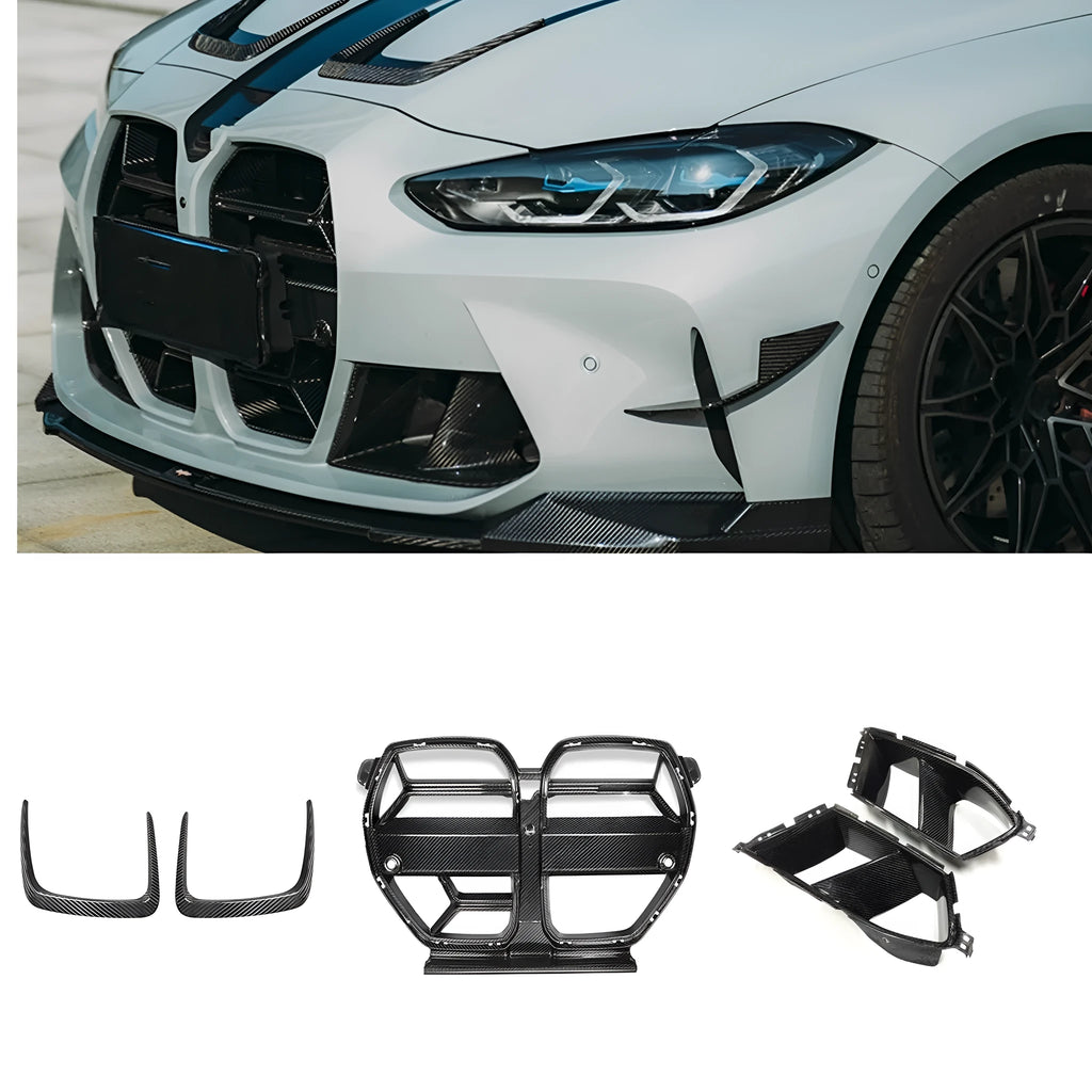Black dry carbon fibre front bumper grille for BMW M3 M4 G80 G82 with visible 3K weave pattern