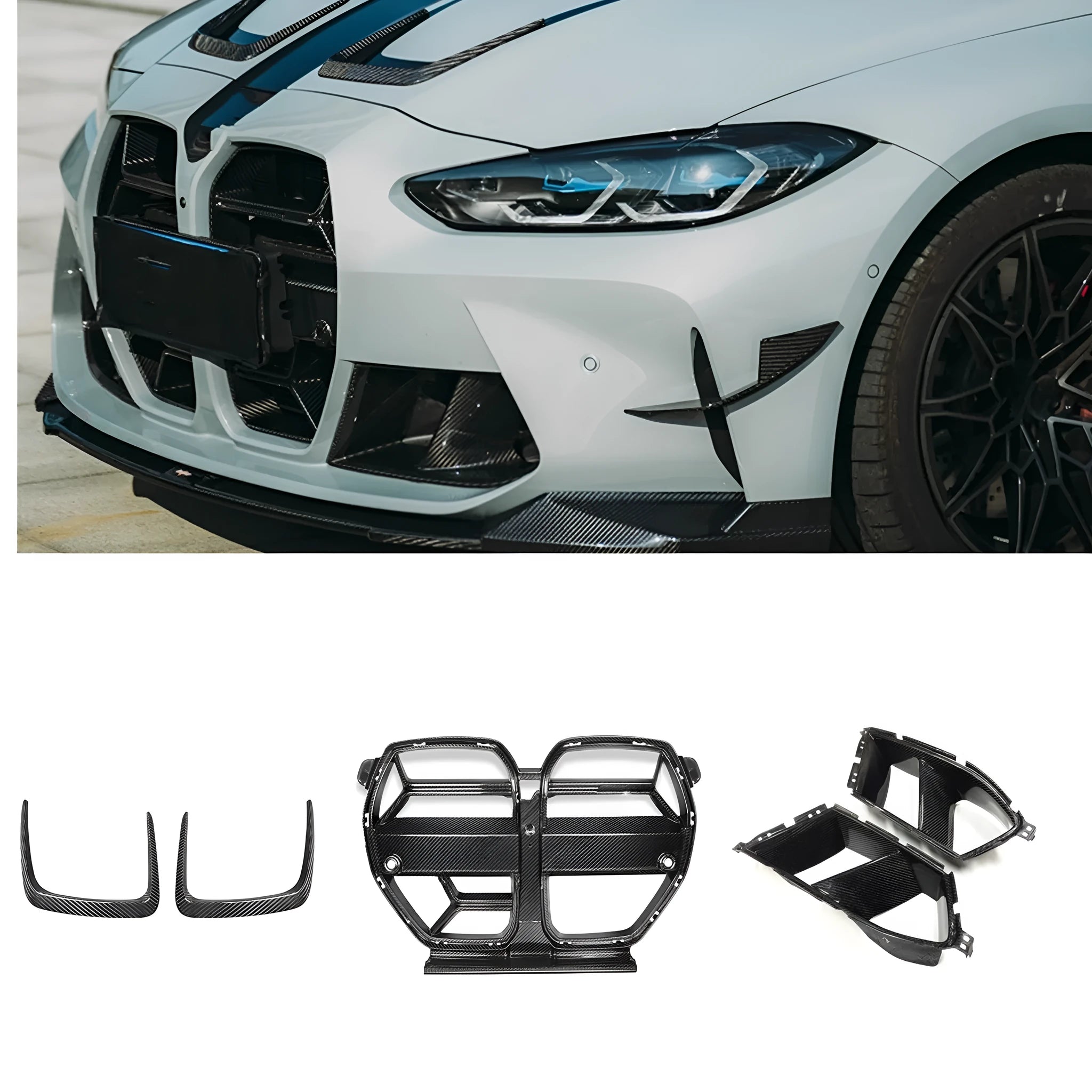 Black dry carbon fibre front bumper grille for BMW M3 M4 G80 G82 with visible 3K weave pattern