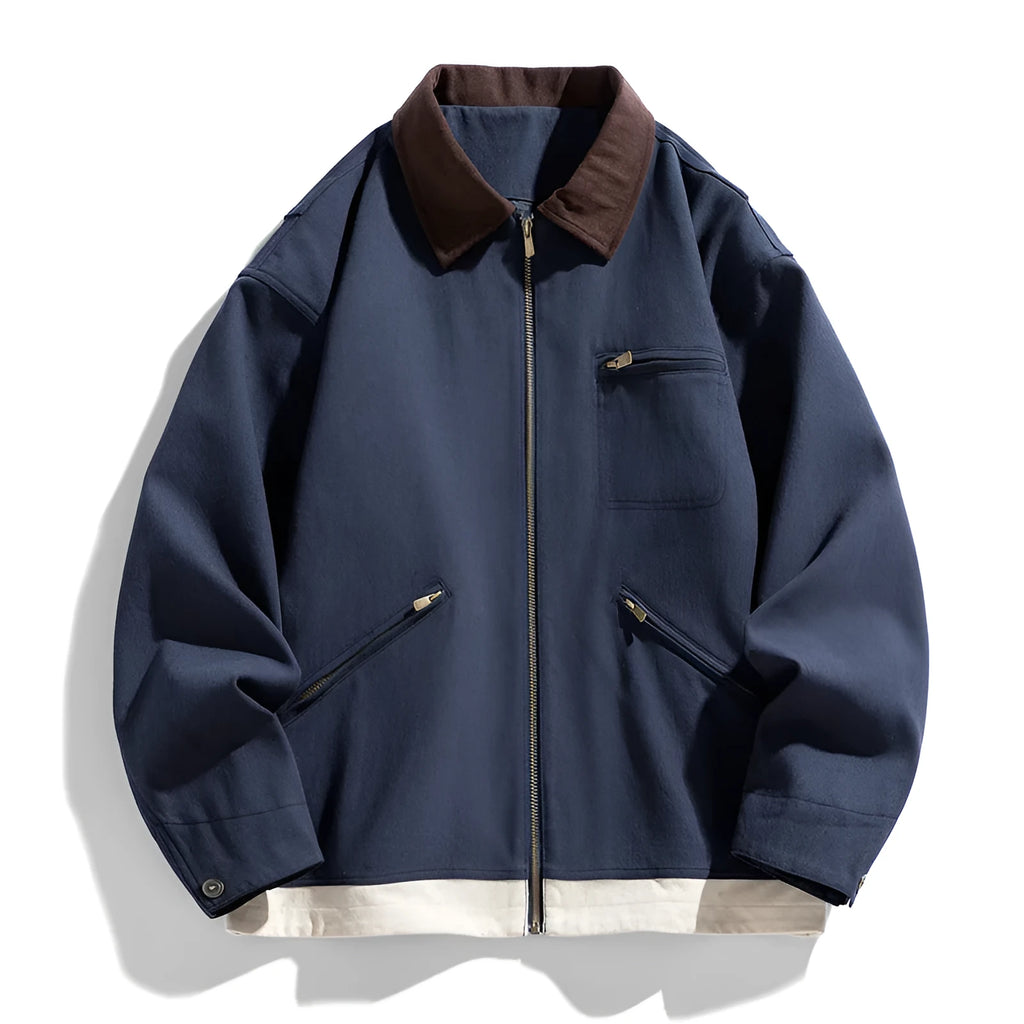 Men's loose fit autumn couple jacket with contrasting colour lapels and side seam pockets in retro workwear style