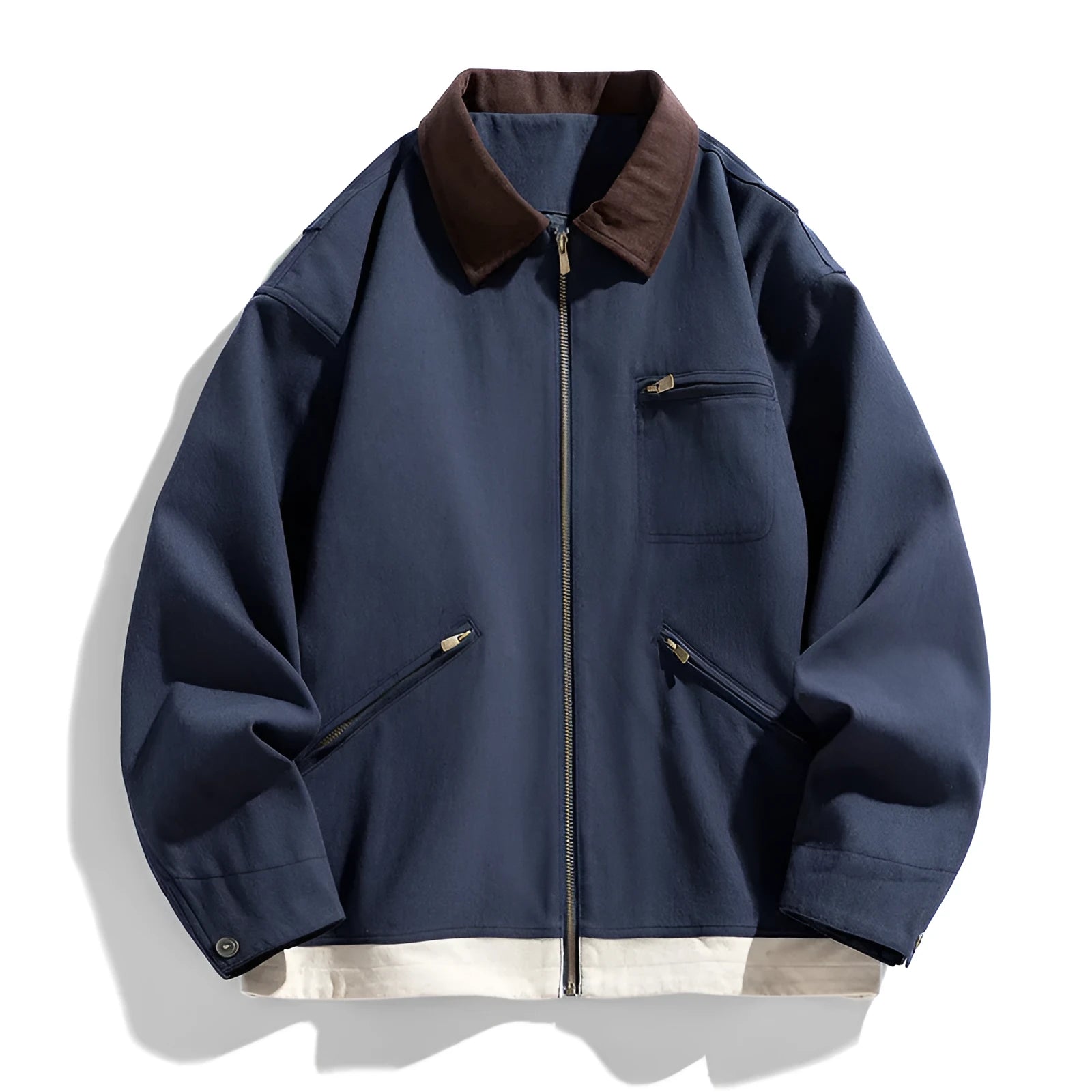 Men's loose fit autumn couple jacket with contrasting colour lapels and side seam pockets in retro workwear style