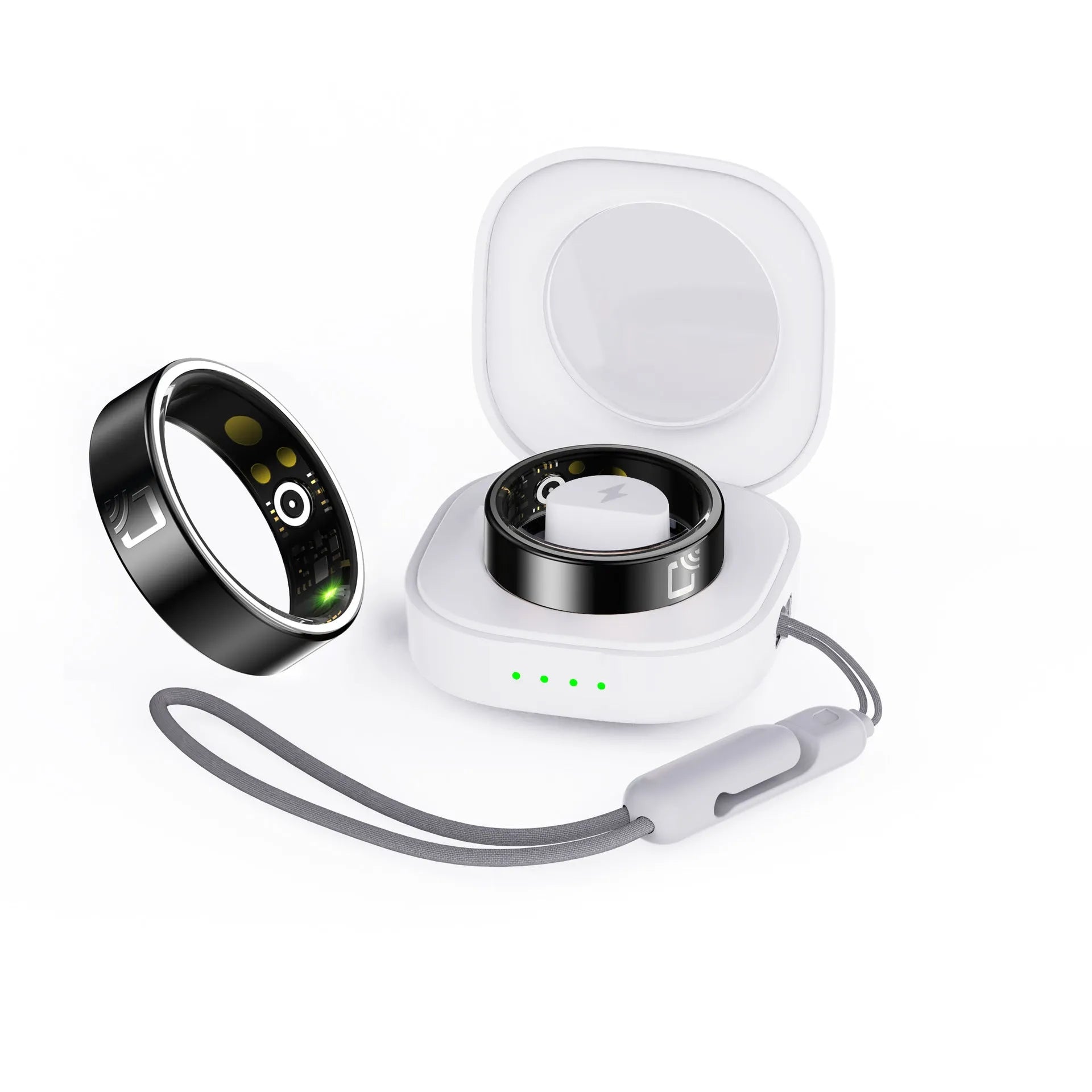 Black ceramic smart ring for heart rate and blood oxygen monitoring on a finger.