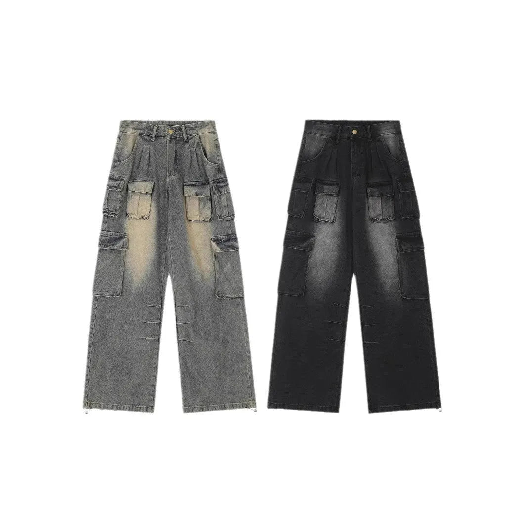 Loose straight-leg denim jeans with multiple pockets and distressed finish in light blue colour