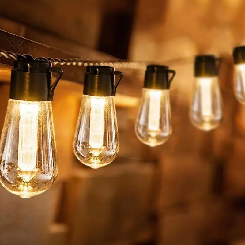 Waterproof outdoor retro bulb string lights showing infusion bottle shape and multiple length options