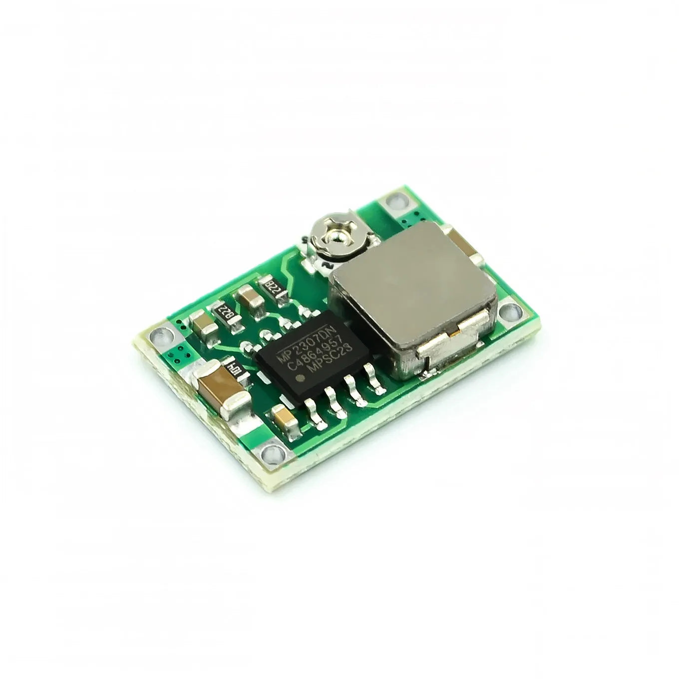 Mini 360 green DC-DC buck converter module measuring 17x11mm with synchronous rectification