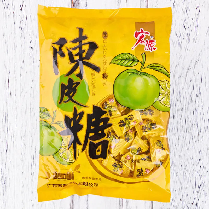 Three bags of Asian fruit hard candies: guava, plum sugar, and tangerine peel flavours