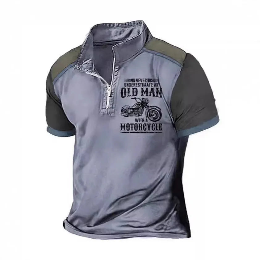 Men's casual polo shirt with zipper decorations on the lapel and a digital letter print design on the front.