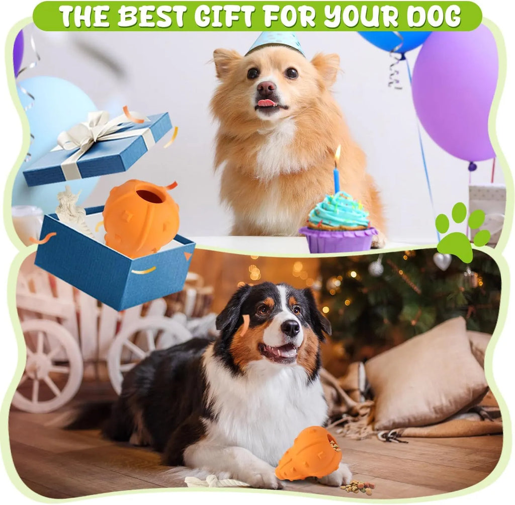 A natural rubber stuffable dog toy for small to medium breeds, shown with a hollow centre for treats.