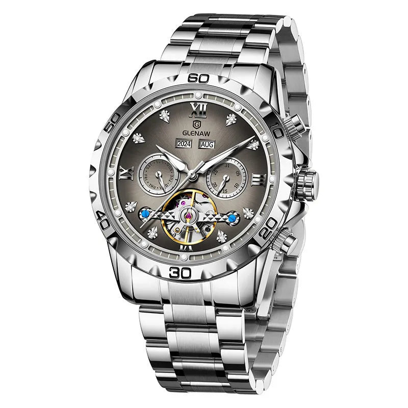 Men's automatic mechanical watch with stainless steel strap and mineral glass