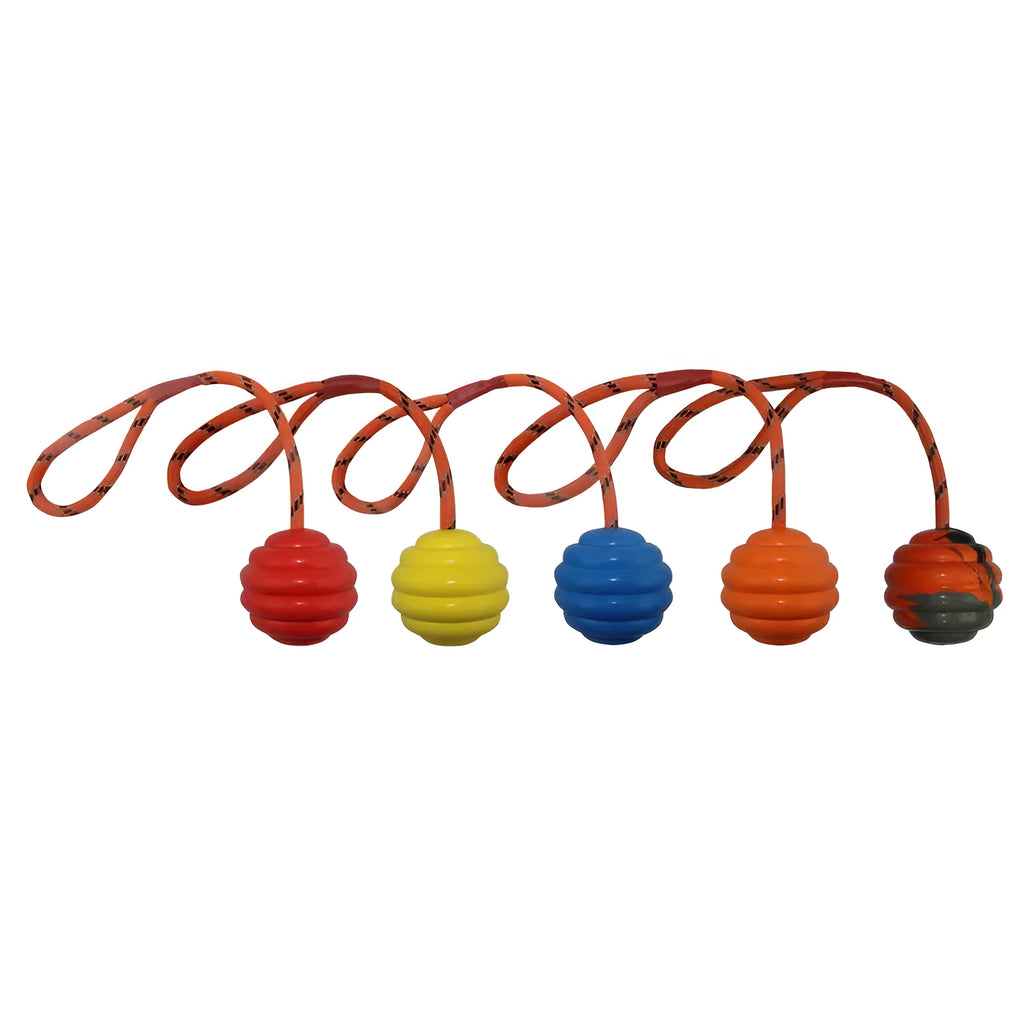 Multi-colour rubber dog toy ball with rope knot measuring 6x30cm for interactive play