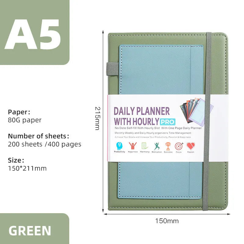 Creative trend notebook with PU cover, open to show undated strap and wood-free paper, with colour options displayed.
