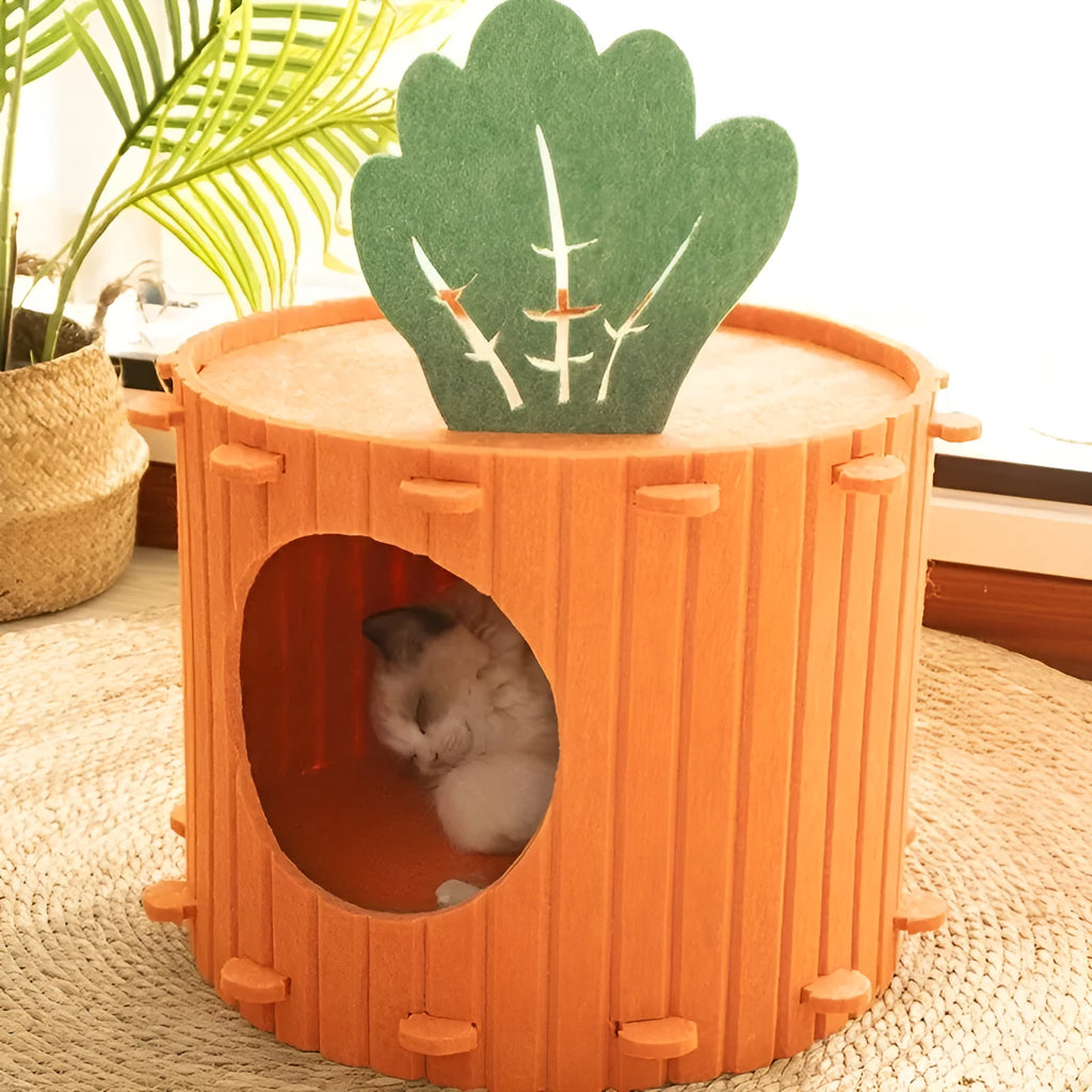 Carrot-shaped felt cat tunnel nest showing semi-enclosed design with two size options