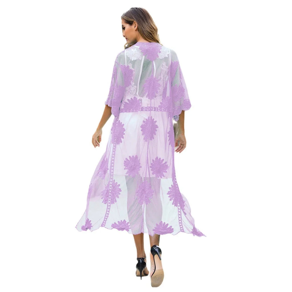 Light purple lace-embroidered beach cover-up dress for women, free size swimwear outerwear