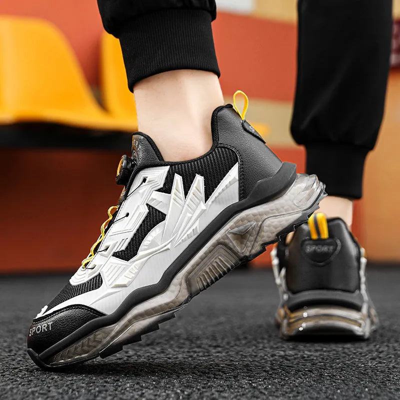 Men's black casual shoes with rotating button fastening and elevator platform soles
