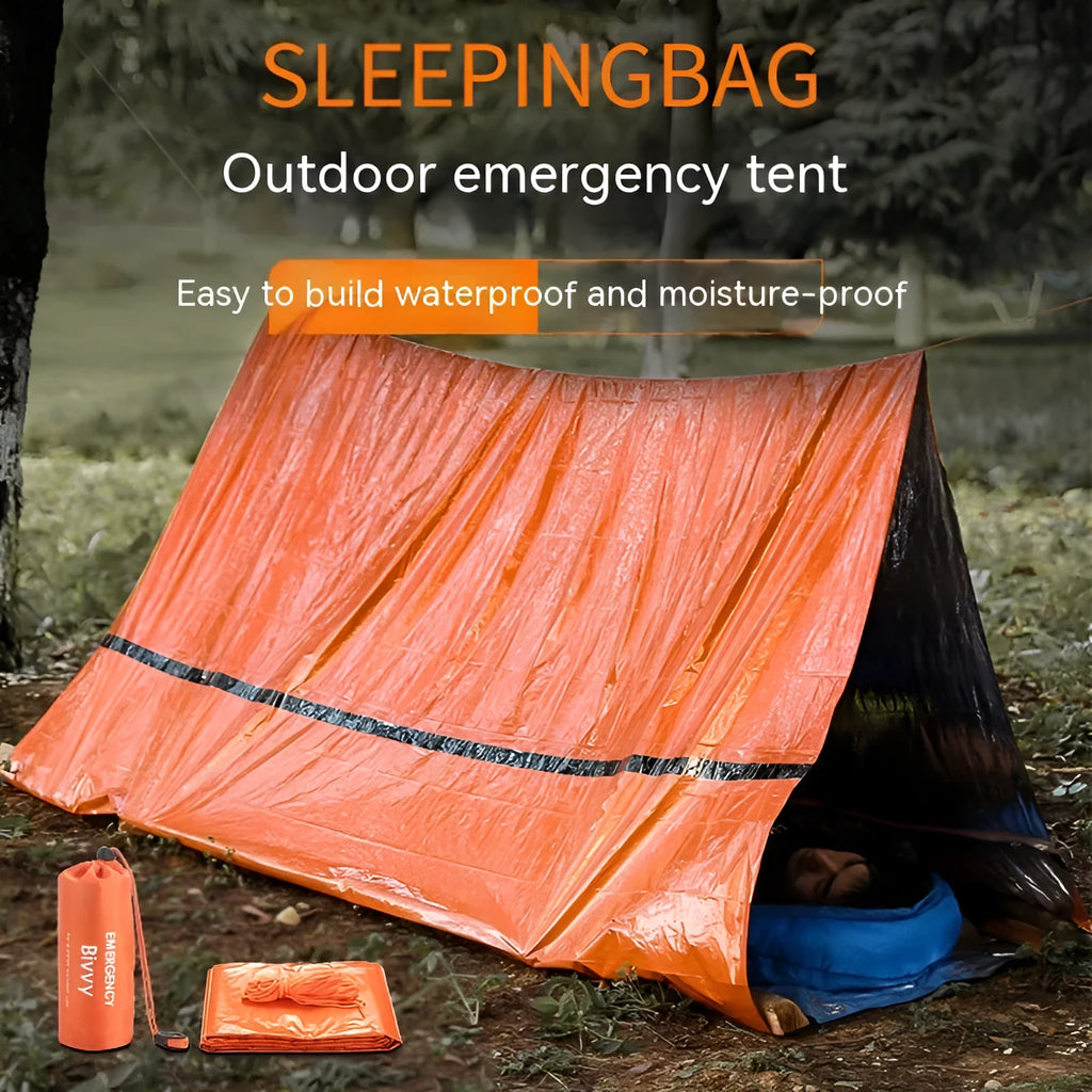 Orange portable disaster relief tent kit with sleeping bag and emergency blanket for outdoor emergencies