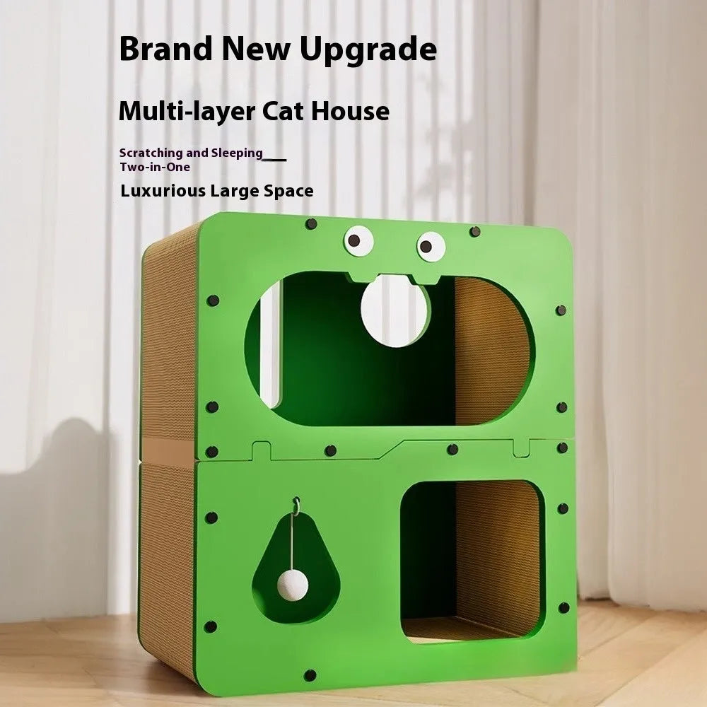 Double layer cat scratching board with integrated cat nest in various styles including owl and cat head designs