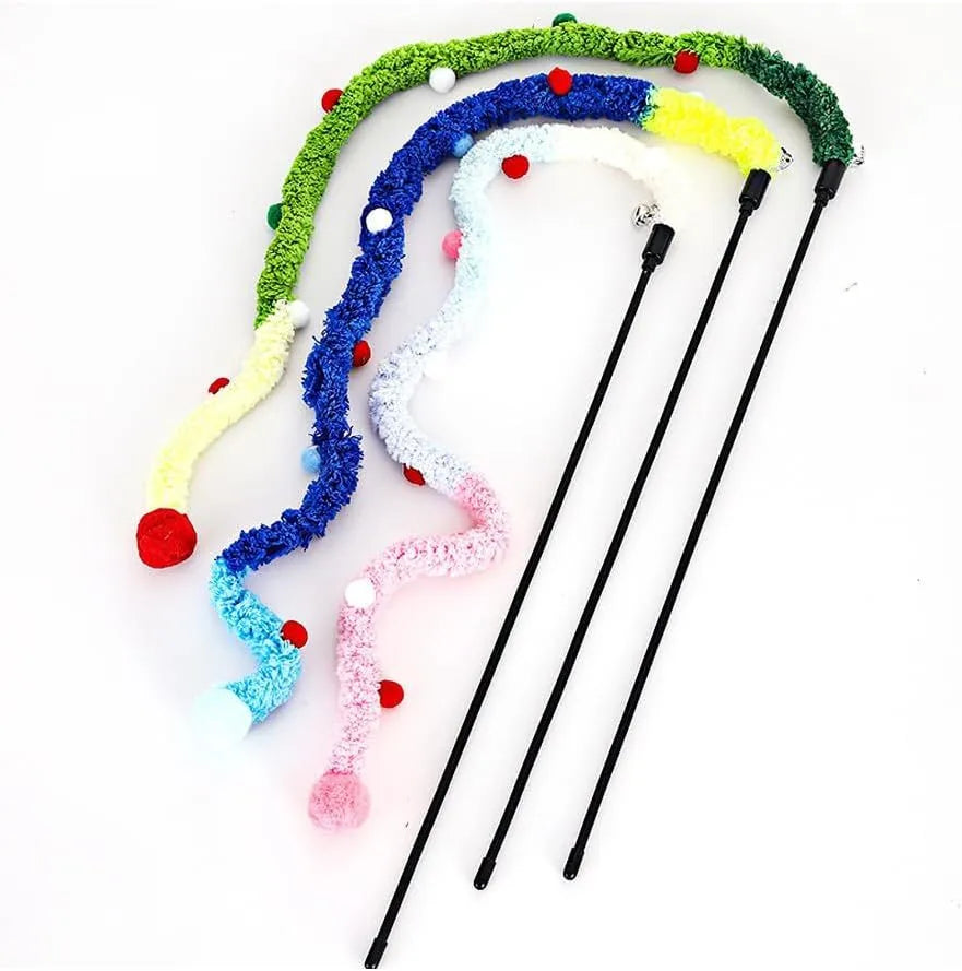 Blue cat wand toy with 41cm pole, 60cm plush strip, and colourful fluffy ball with bells